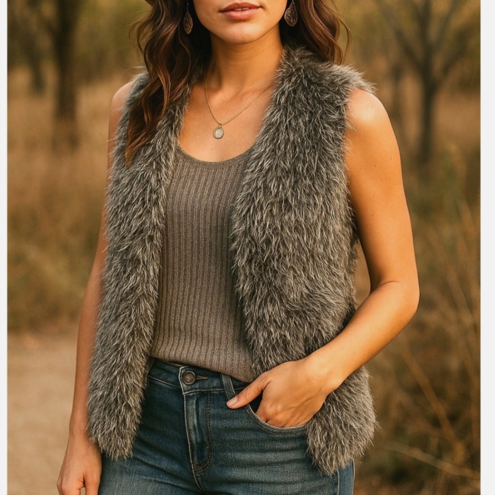 CAbi shaggy faux fur alpaca & mohair vest with a ribbed knit back drape  XS